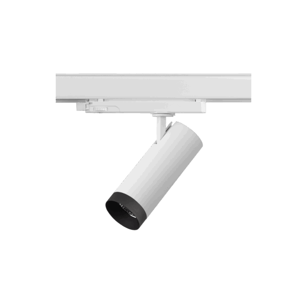 White version of the Caro with black ring, a 220V track spot designed by Karizma Luce.