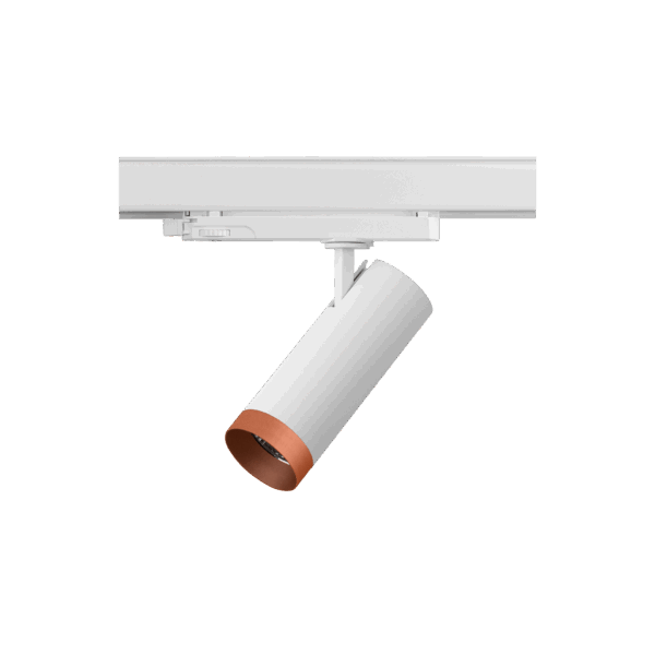 White version of the Caro with copper ring, a 220V track spot designed by Karizma Luce.