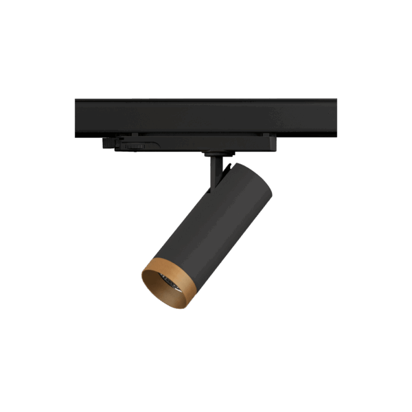 Black version of the Caro with golden ring, a 220V track spot designed by Karizma Luce.