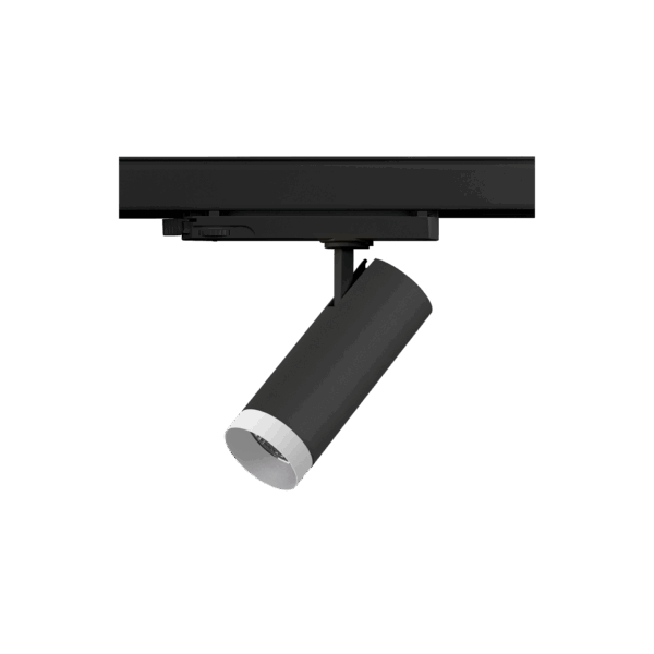 Black version of the Caro with white ring, a 220V track spot designed by Karizma Luce.