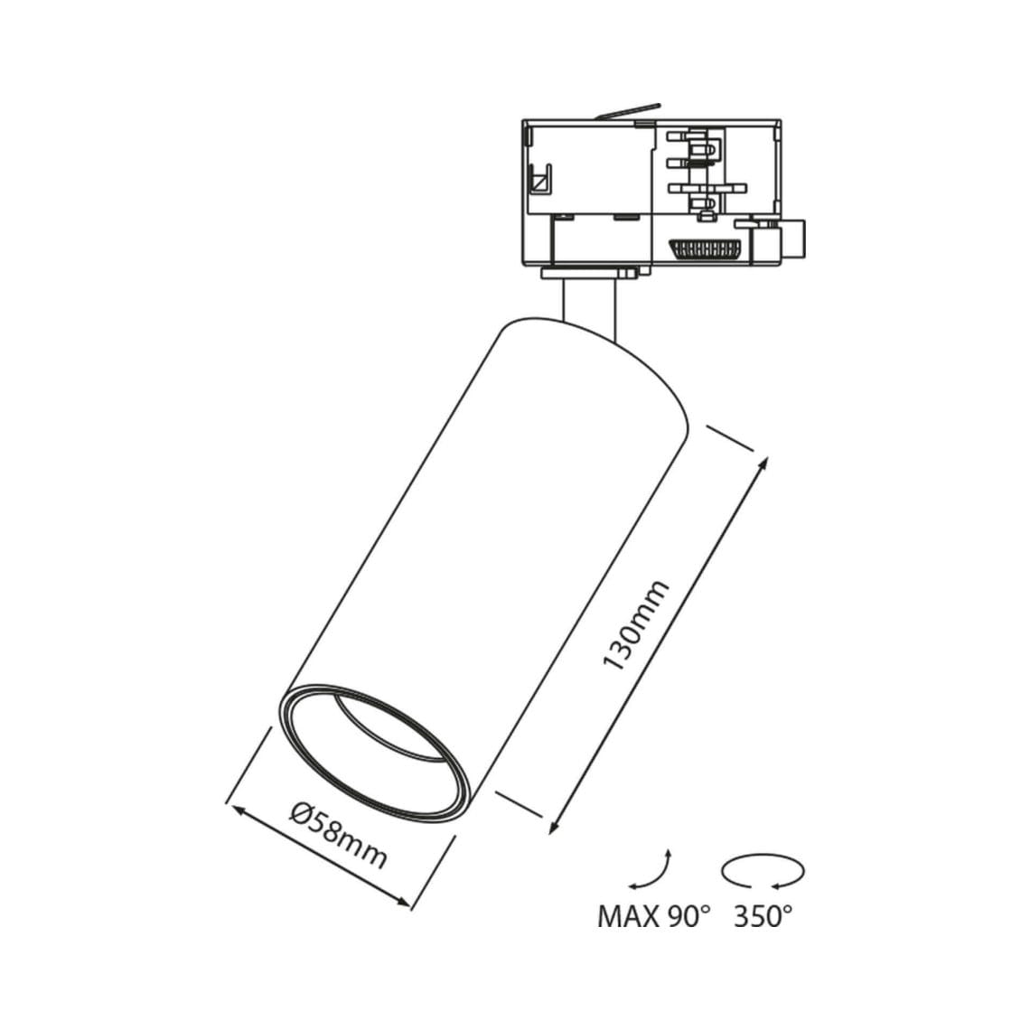 Stretto drawing_BEW Technical drawing of the Stretto, a 220V track luminaire, illustrating detailed dimensions and design specifications.