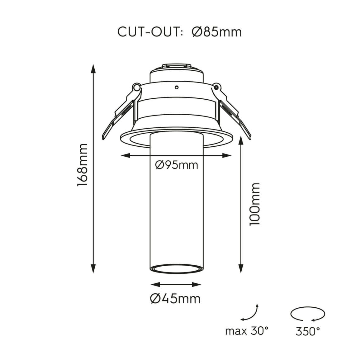 Technical drawing of the Fontana S, a recessed spotlight, illustrating detailed dimensions and design specifications.