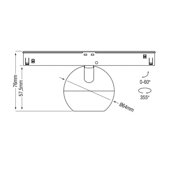 Technical drawing of the Dea Eros-Q1 XS TR, a 48V track luminaire, illustrating detailed dimensions and design specifications.