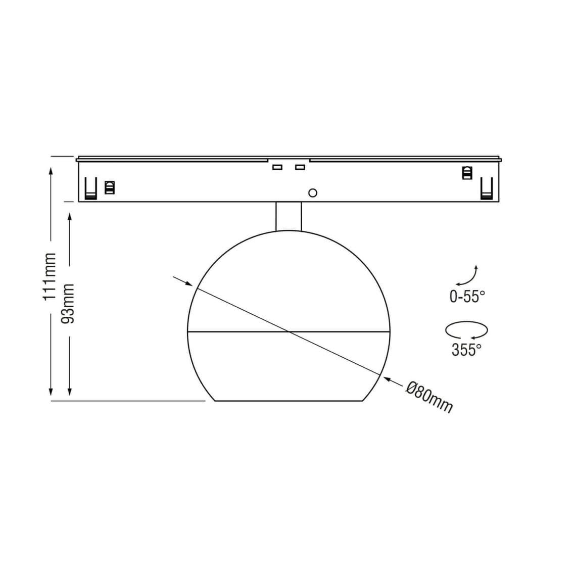 Technical drawing of the Dea Eros-Q2 S TR, a 48V track luminaire, illustrating detailed dimensions and design specifications.