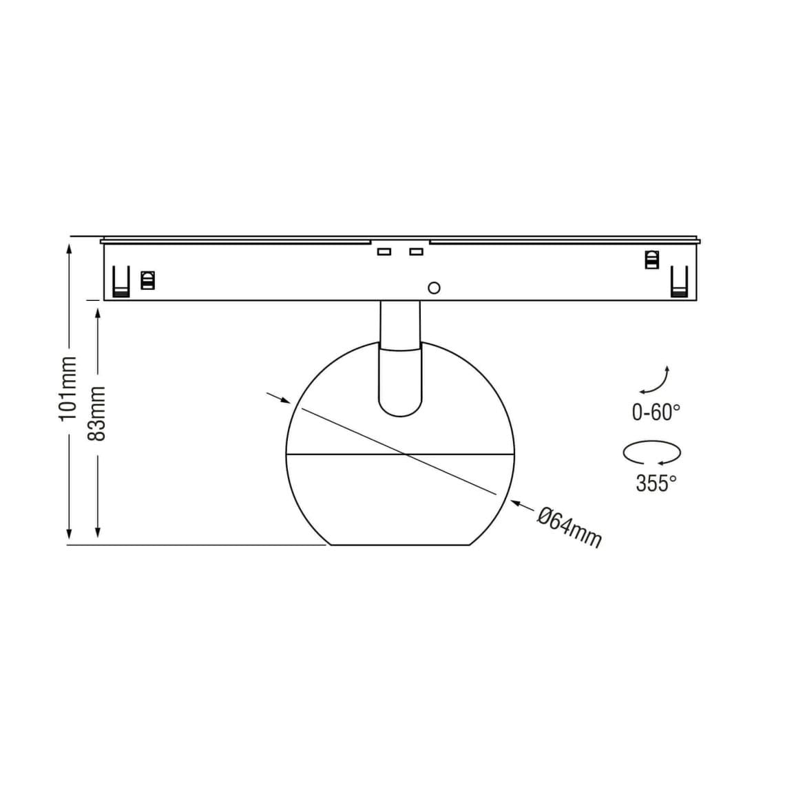 Technical drawing of the Dea Eros-Q2 XS TR, a 48V track luminaire, illustrating detailed dimensions and design specifications.
