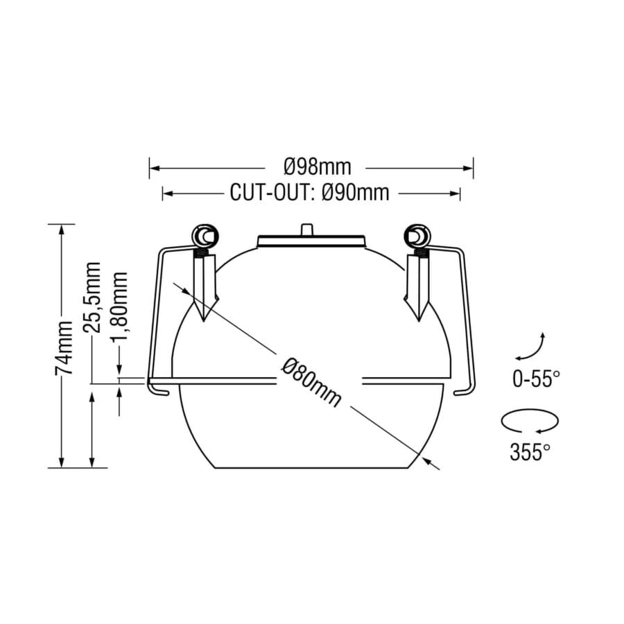 Technical drawing of the Dea Eros S MU-in, a recessed luminaire, illustrating detailed dimensions and design specifications.