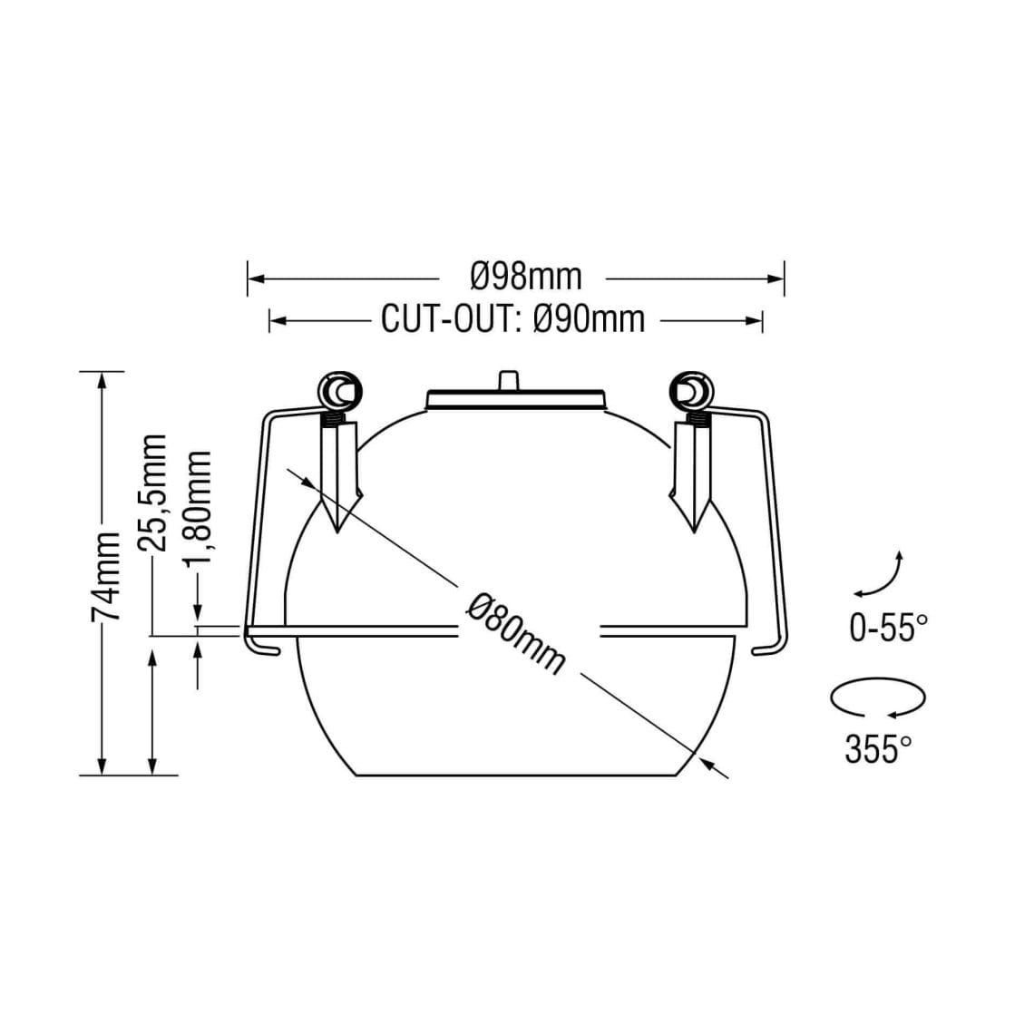 Technical drawing of the Dea Eros S MU-in, a recessed luminaire, illustrating detailed dimensions and design specifications.