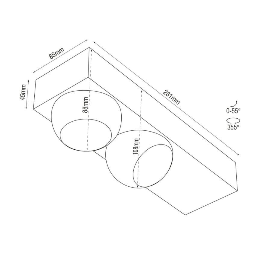 Technical drawing of the Dea Eros S SC duo, a surface-mounted luminaire, illustrating detailed dimensions and design specifications.