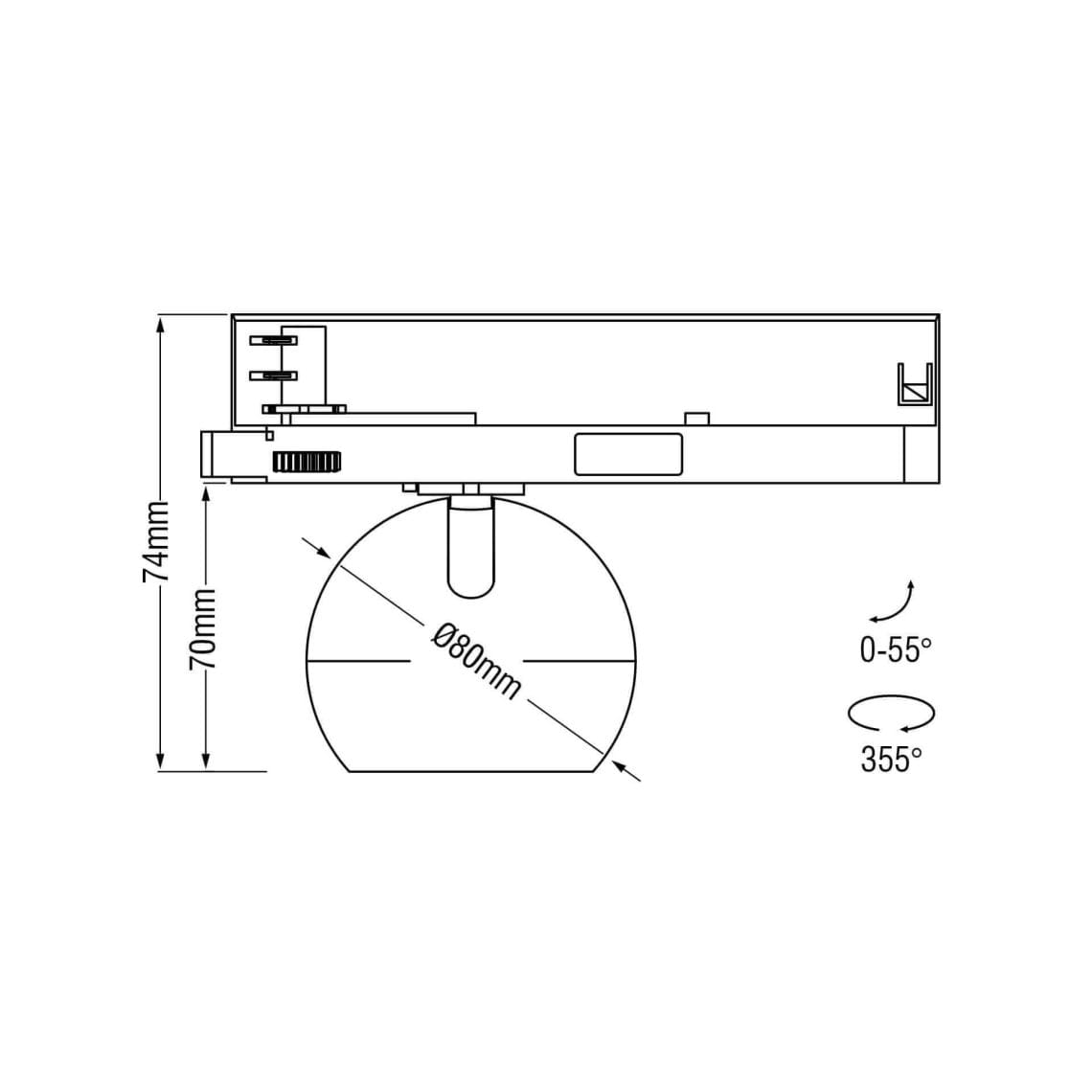 Technical drawing of the Dea Eros S TR, a 220V track luminaire, illustrating detailed dimensions and design specifications.