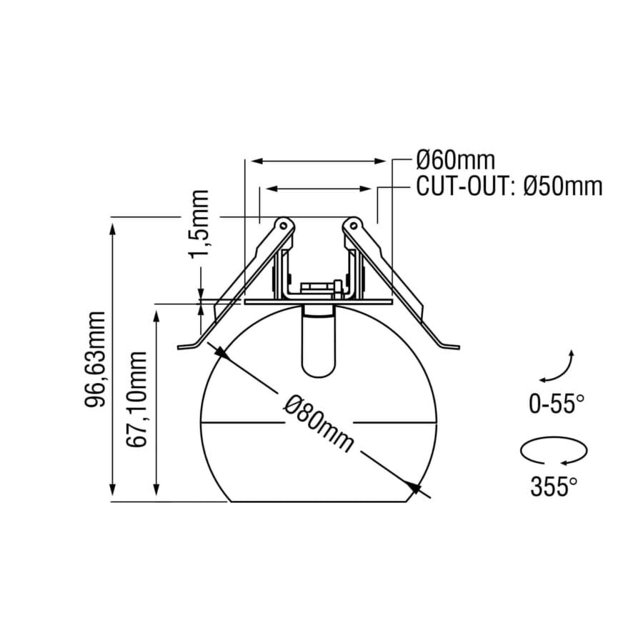 Technical drawing of the Dea Eros S TU-in, a surface-mounted luminaire, illustrating detailed dimensions and design specifications.