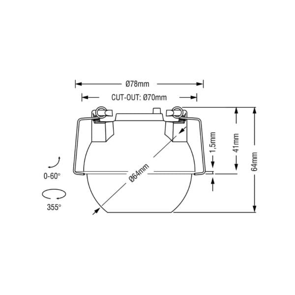 Technical drawing of the Dea Eros XS MU-in, a recessed luminaire, illustrating detailed dimensions and design specifications.