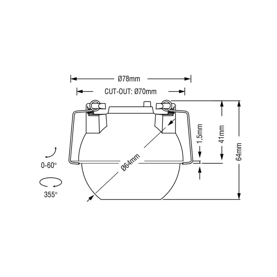 Technical drawing of the Dea Eros XS MU-in, a recessed luminaire, illustrating detailed dimensions and design specifications.