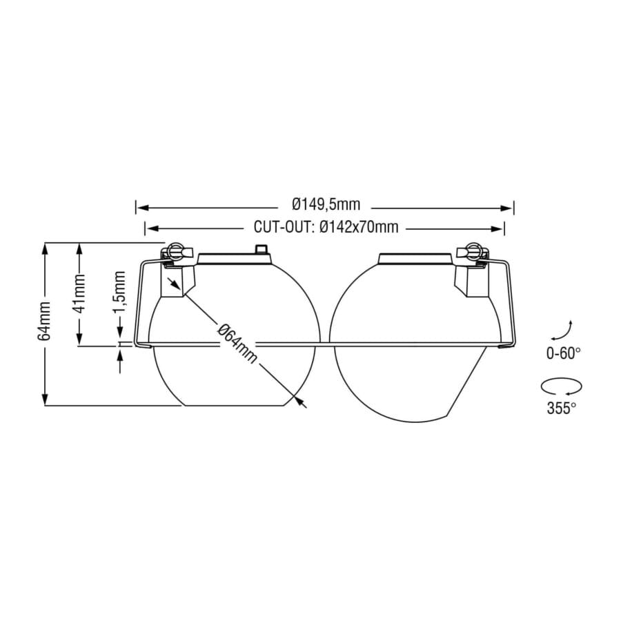 Technical drawing of the Dea Eros XS MU-in duo, a recessed luminaire, illustrating detailed dimensions and design specifications.