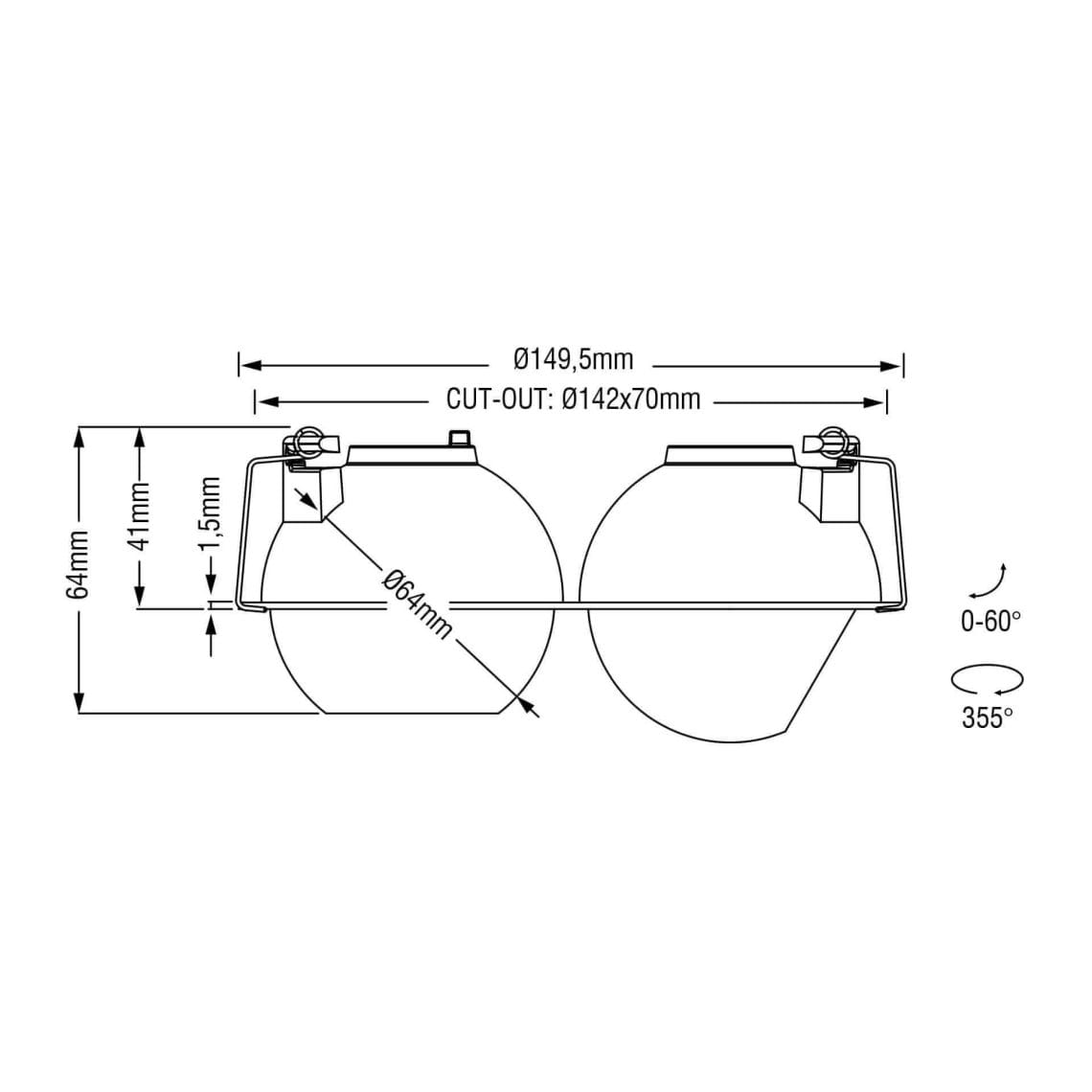 Technical drawing of the Dea Eros XS MU-in duo, a recessed luminaire, illustrating detailed dimensions and design specifications.