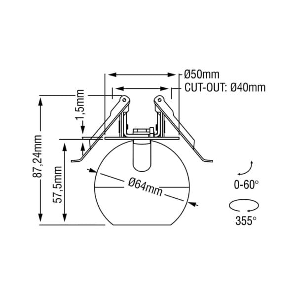 Technical drawing of the Dea Eros XS TU-in, a surface-mounted luminaire, illustrating detailed dimensions and design specifications.