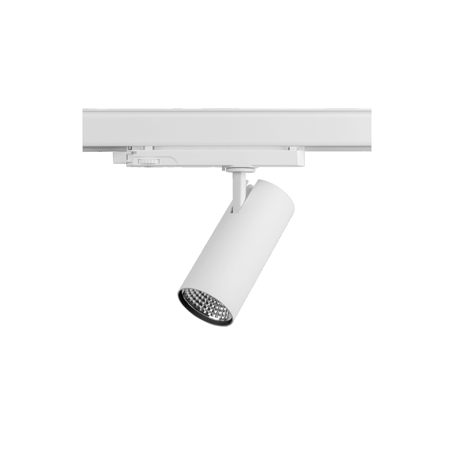 White version of the Caro, a 220V track spot designed by Karizma Luce.