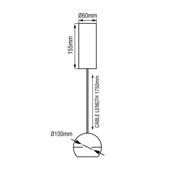Technical drawing of the Dea Eros M PE, a suspended luminaire, illustrating detailed dimensions and design specifications.