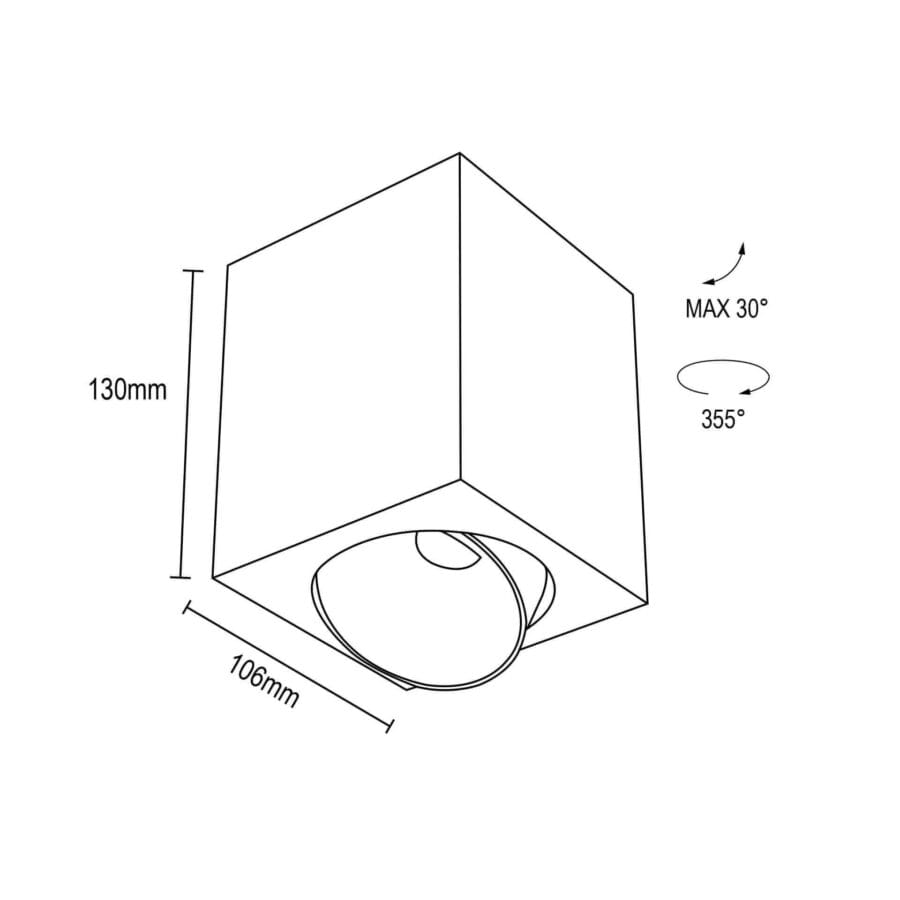 Technical drawing of the Dea Fauna M, a square surface-mounted luminaire, illustrating detailed dimensions and design specifications.
