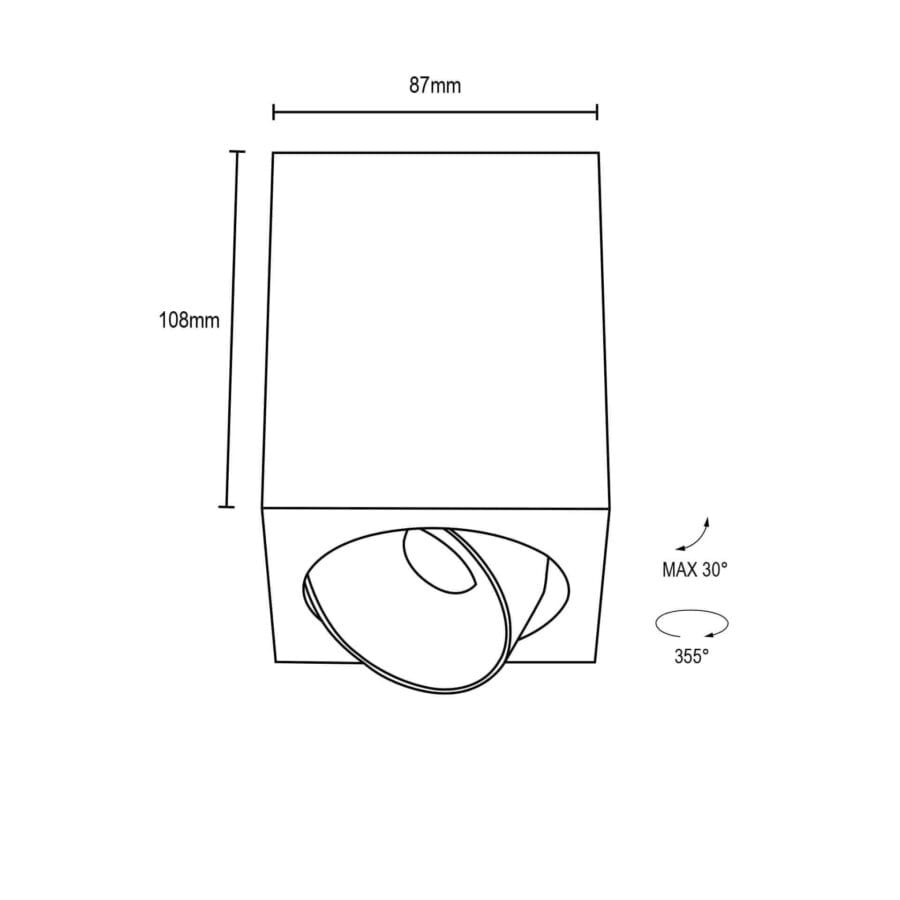 Technical drawing of the Dea Fauna S, a square surface-mounted luminaire, illustrating detailed dimensions and design specifications.