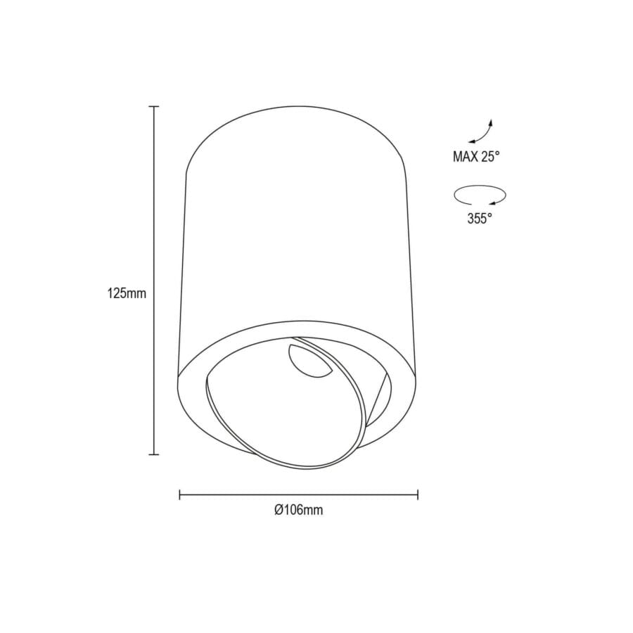 Technical drawing of the Dea Flora M, a surface-mounted luminaire, illustrating detailed dimensions and design specifications.