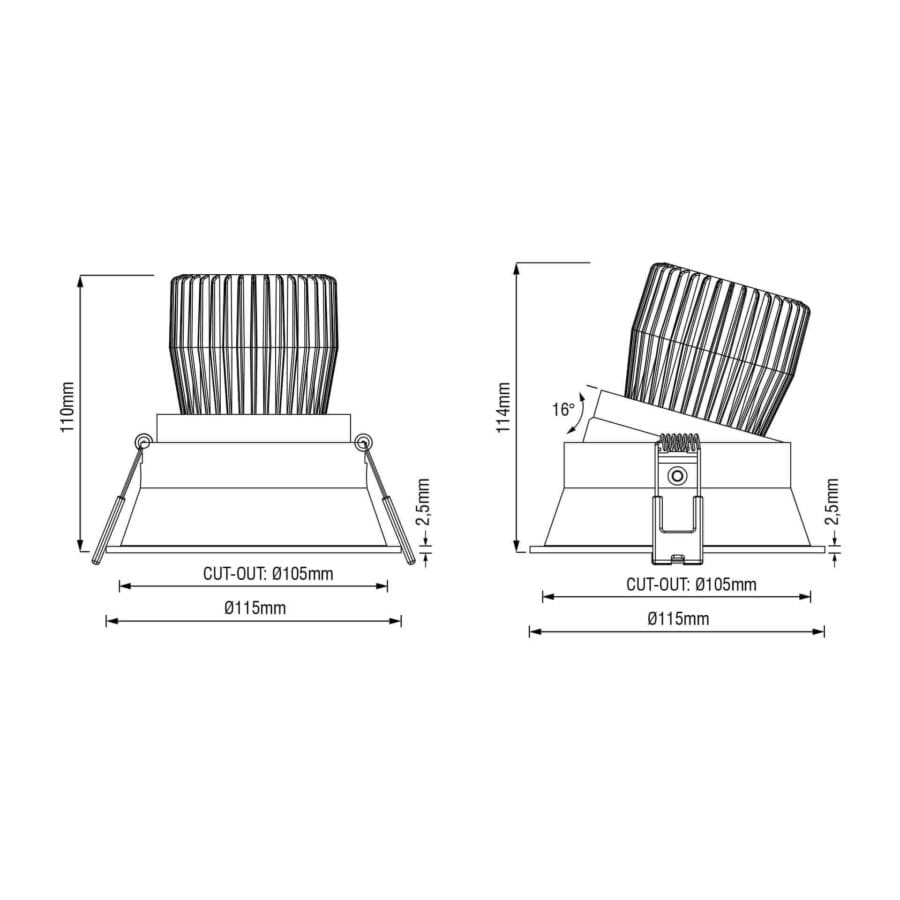 Technical drawing of the Luna, an adjustable led downlight, illustrating detailed dimensions and design specifications.