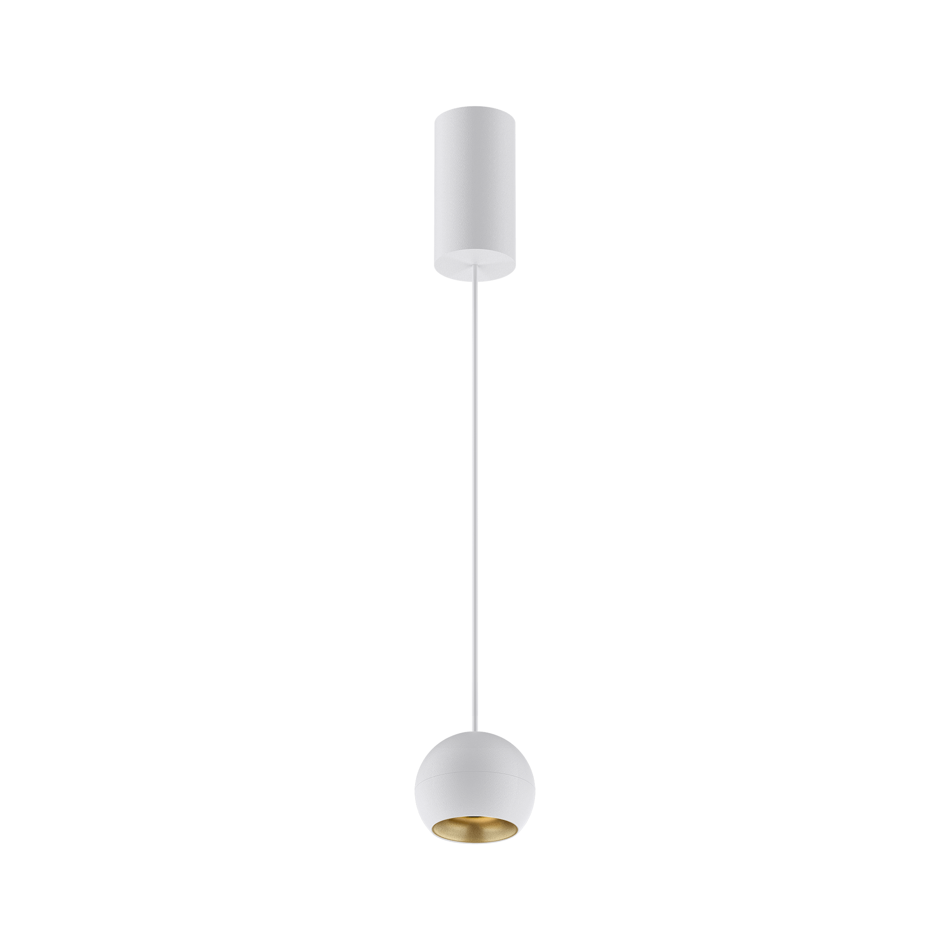 White version of the Dea Eros S PE with golden reflector, a suspended luminaire designed by Karizma Luce.