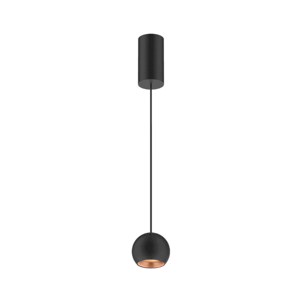 Black version of the Dea Eros S PE with copper reflector, a suspended luminaire designed by Karizma Luce.