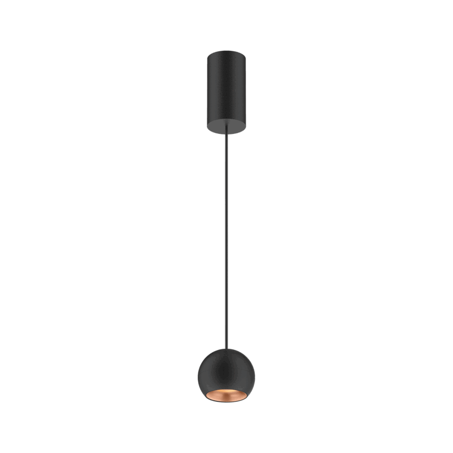 Black version of the Dea Eros S PE with copper reflector, a suspended luminaire designed by Karizma Luce.