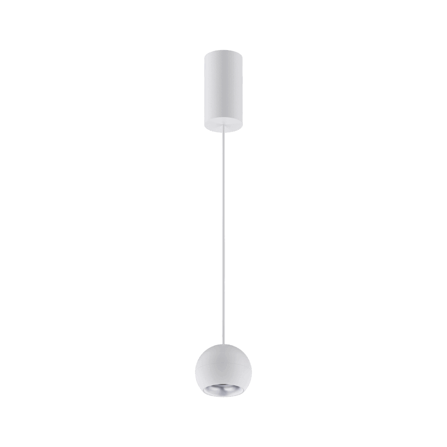 White version of the Dea Eros S PE with silver reflector, a suspended luminaire designed by Karizma Luce.