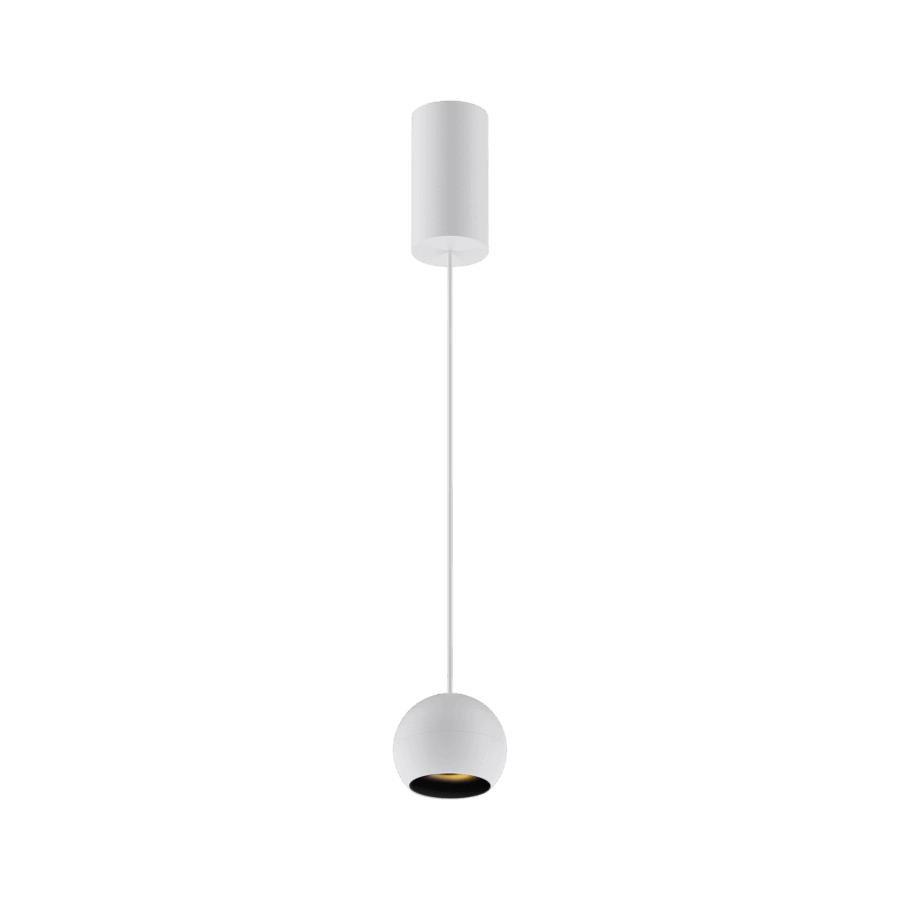 White version of the Dea Eros S PE with black gloss reflector, a suspended luminaire designed by Karizma Luce.