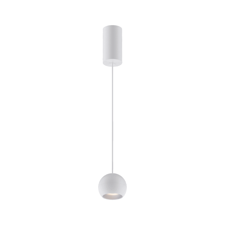 White version of the Dea Eros S PE with chrome reflector, a suspended luminaire designed by Karizma Luce.