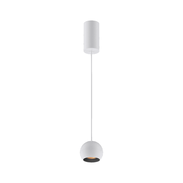 White version of the Dea Eros S PE with black matt reflector, a suspended luminaire designed by Karizma Luce.