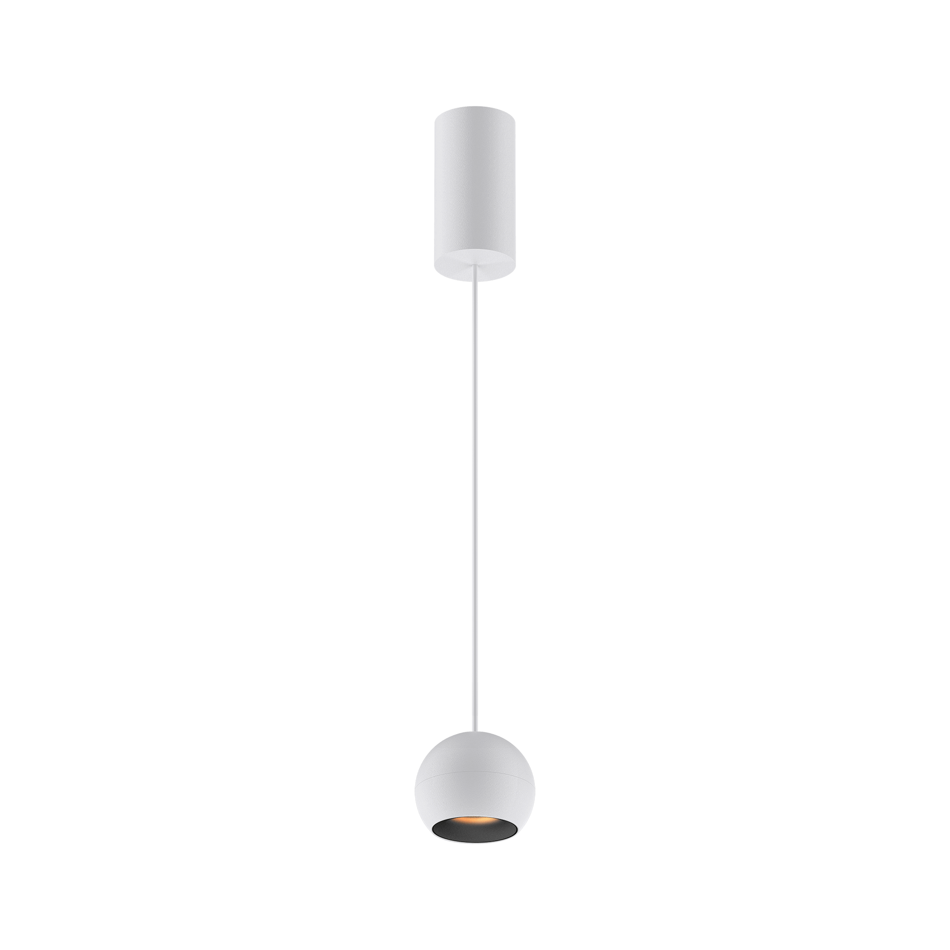 White version of the Dea Eros S PE with black matt reflector, a suspended luminaire designed by Karizma Luce.
