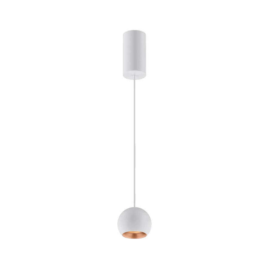 White version of the Dea Eros S PE with copper reflector, a suspended luminaire designed by Karizma Luce.