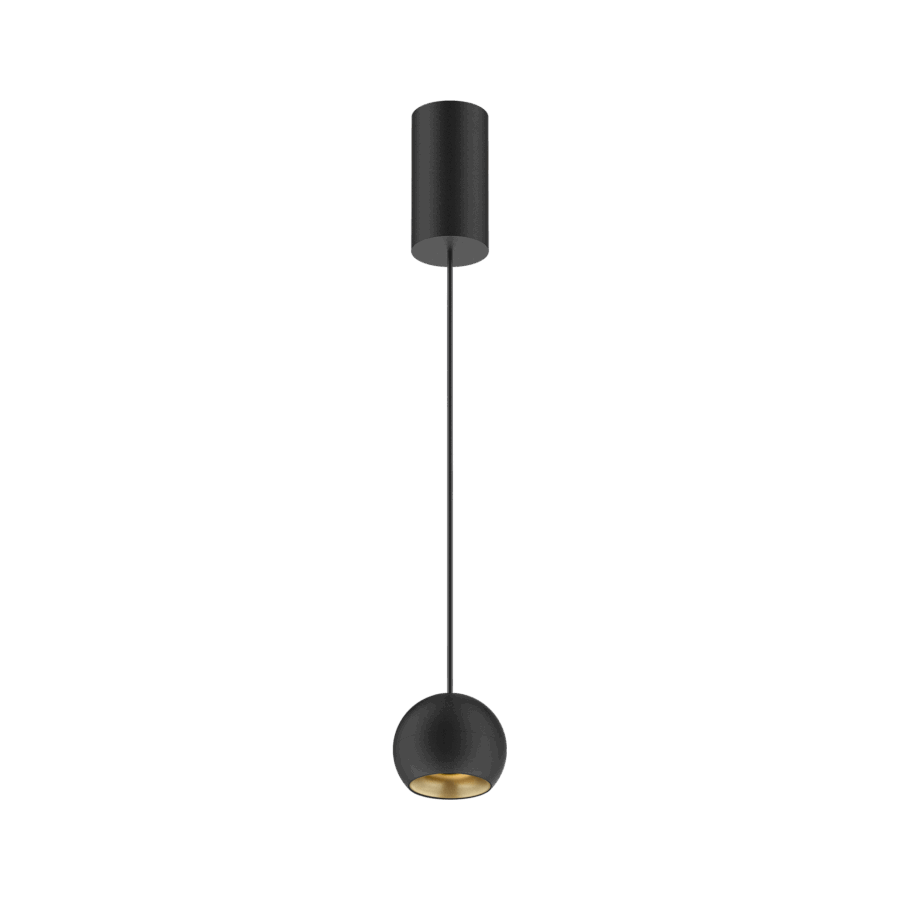 Black version of the Dea Eros S PE with golden reflector, a suspended luminaire designed by Karizma Luce.