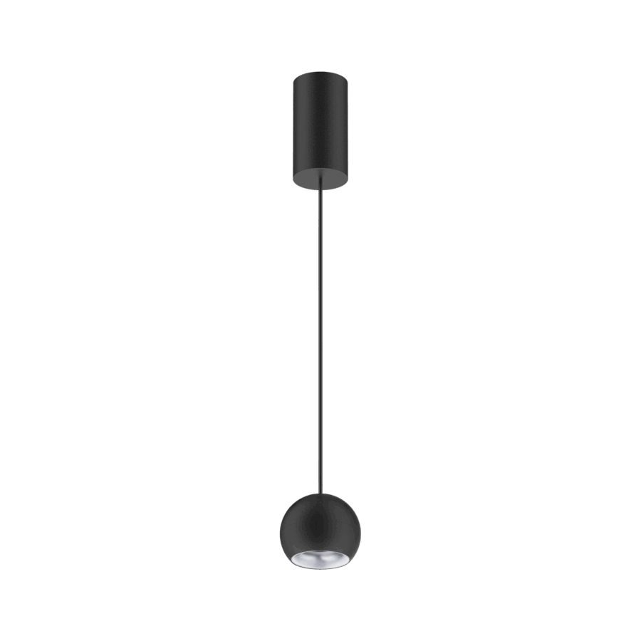 Black version of the Dea Eros S PE with silver reflector, a suspended luminaire designed by Karizma Luce.