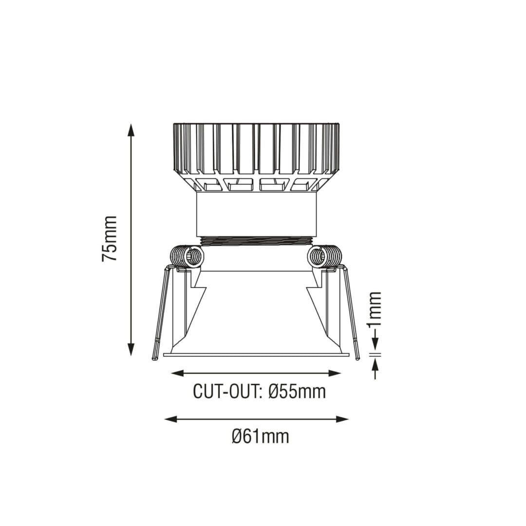 Technical drawing of the Bebe Lente, a fixed recessed luminaire, illustrating detailed dimensions and design specifications.