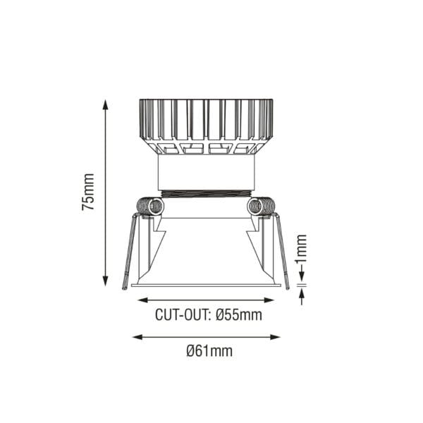Technical drawing of the Bebe Lente, a fixed recessed luminaire, illustrating detailed dimensions and design specifications.