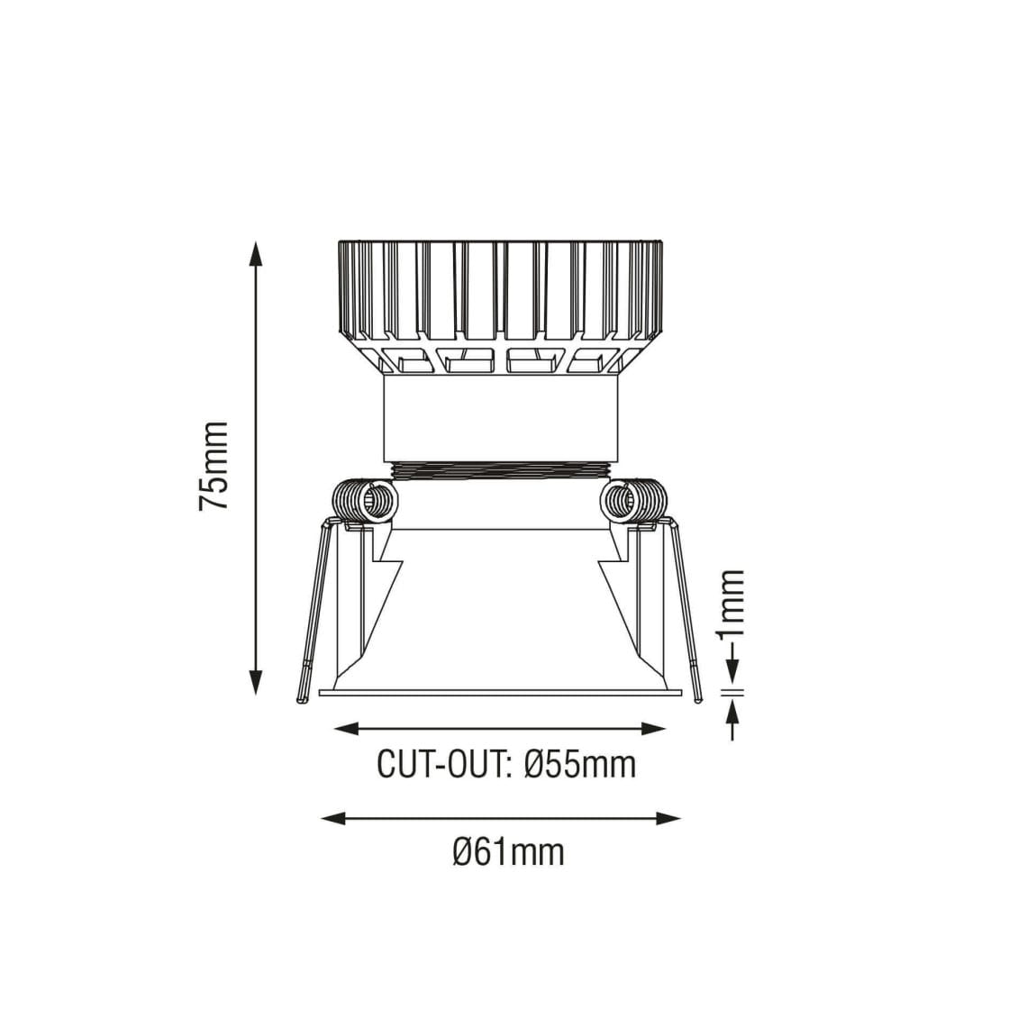 Bebe-Lente-3 Technical drawing of the Bebe Lente, a fixed recessed luminaire, illustrating detailed dimensions and design specifications.