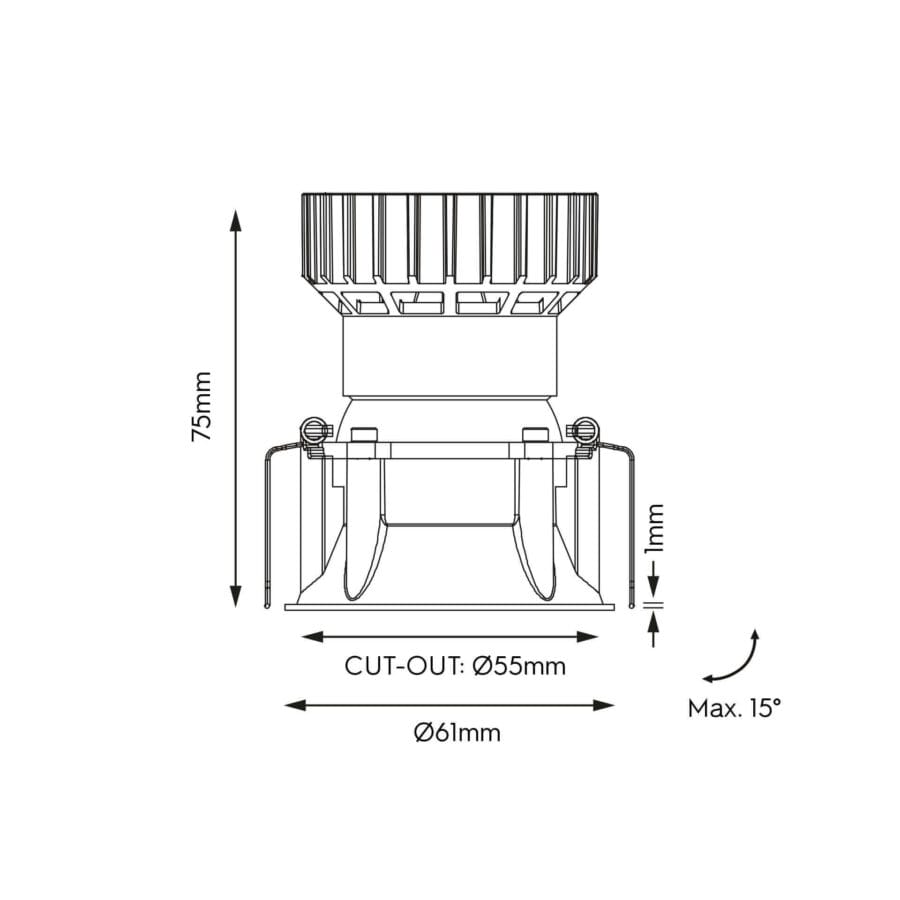 Technical drawing of the Bebe Lente Swing, an adjustable downlight, illustrating detailed dimensions and design specifications.