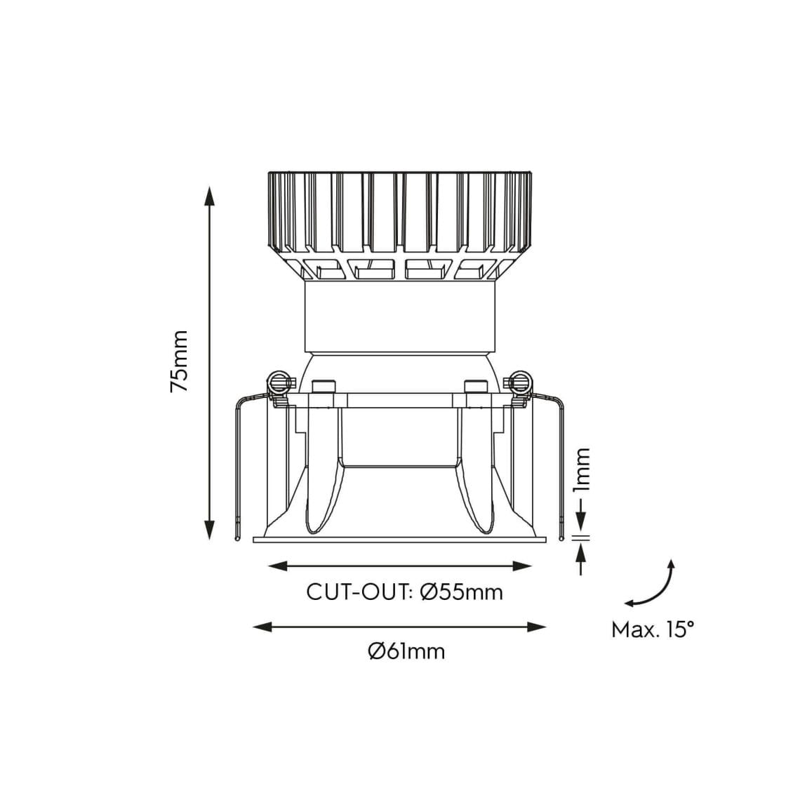 Technical drawing of the Bebe Lente Swing, an adjustable downlight, illustrating detailed dimensions and design specifications.