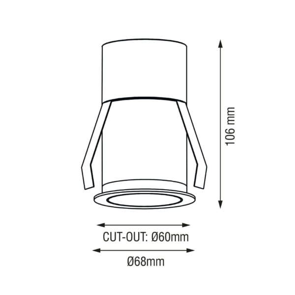 Technical drawing of the Casa M Alto, a fixed recessed luminaire, illustrating detailed dimensions and design specifications.