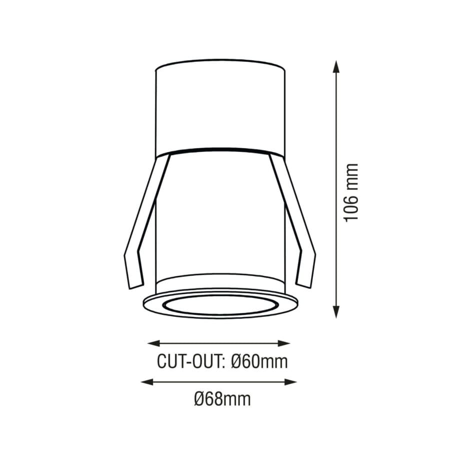 Technical drawing of the Casa M Alto, a fixed recessed luminaire, illustrating detailed dimensions and design specifications.