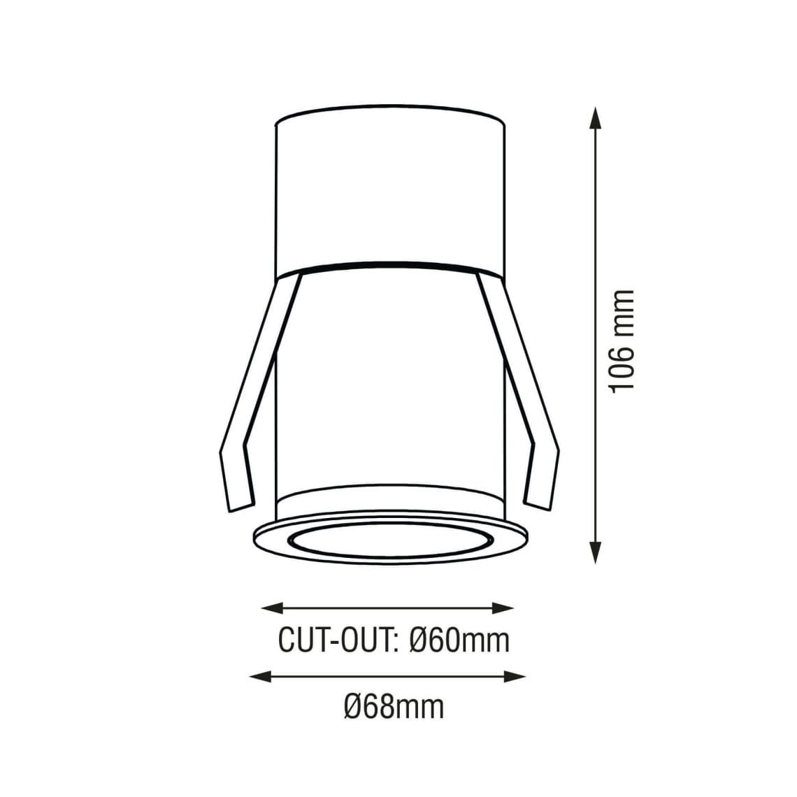 Casa-M-Alto-3 Technical drawing of the Casa M Alto, a fixed recessed luminaire, illustrating detailed dimensions and design specifications.