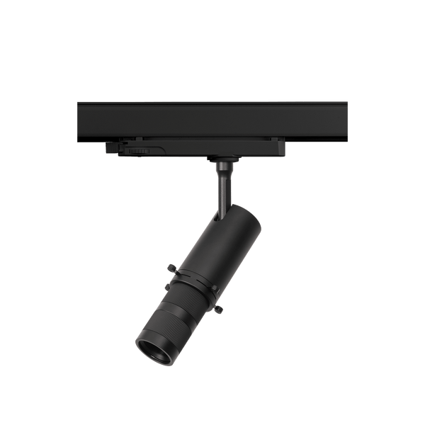 Black version of the Arte, a 220V track spot designed by Karizma Luce.