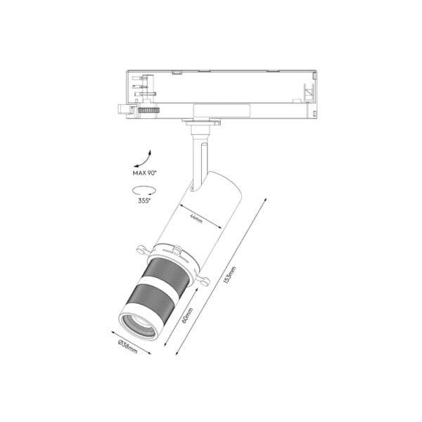 Technical drawing of the Arte, a 220V track spot, illustrating detailed dimensions and design specifications.