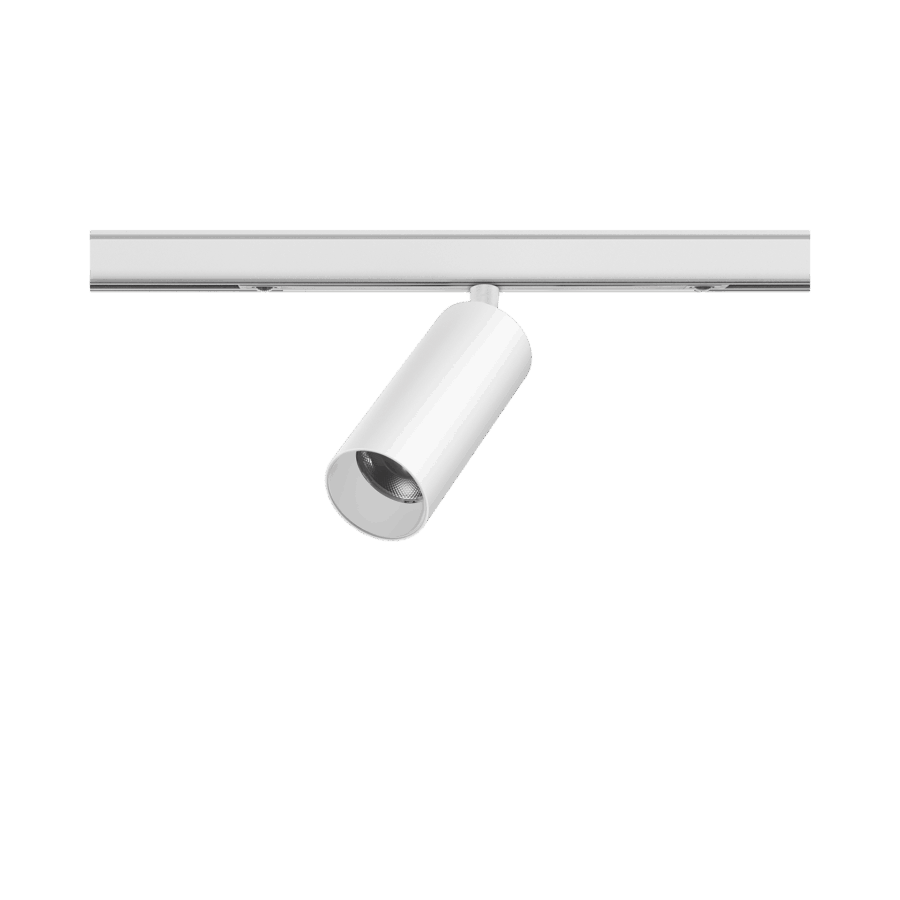 White version of the Juno XS Lente Q1, a 220V track spot designed by Karizma Luce.