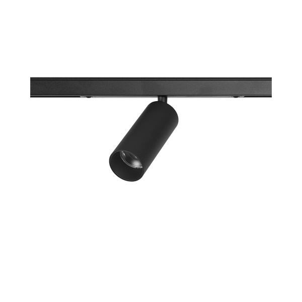 Black version of the Juno XS Lente Q1, a 220V track spot designed by Karizma Luce.