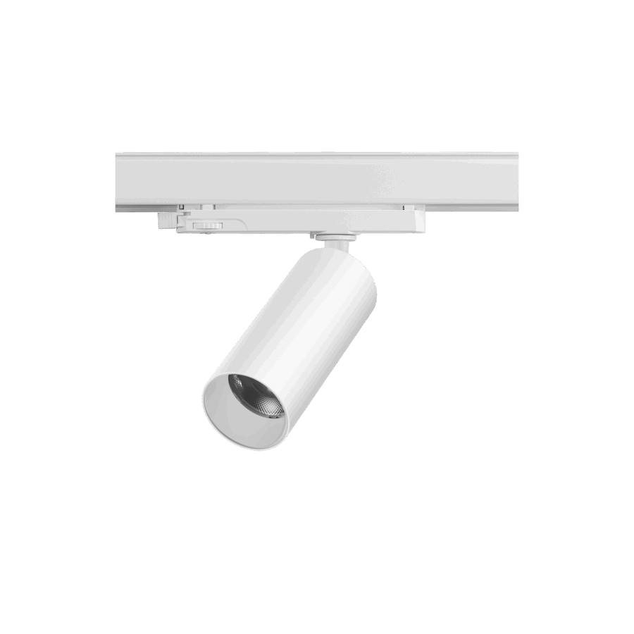 White version of the Juno XS Lente, a 220V track spot designed by Karizma Luce.