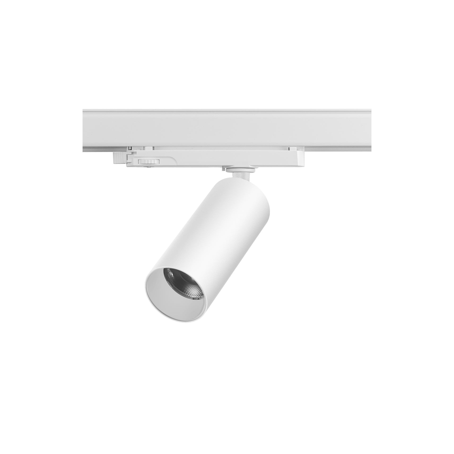 White version of the Juno XS Lente, a 220V track spot designed by Karizma Luce.